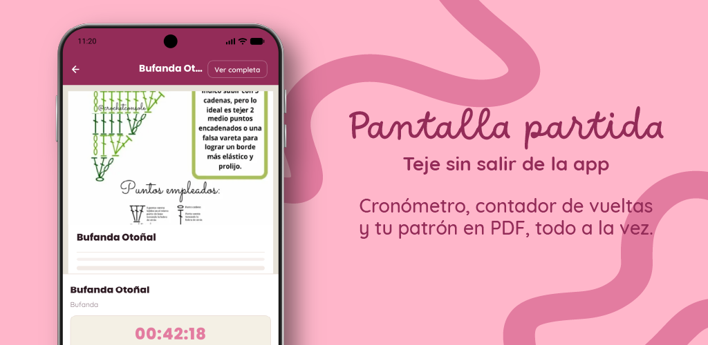Pantalla partida de patrón y cronómetro en Crochly
